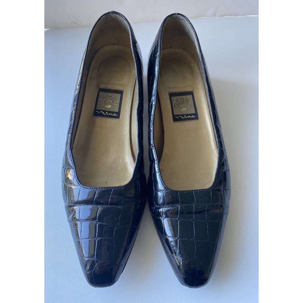 Nina Black Crocodile Embossed Faux Patent Leather Loafer Size 8M Slight Heel